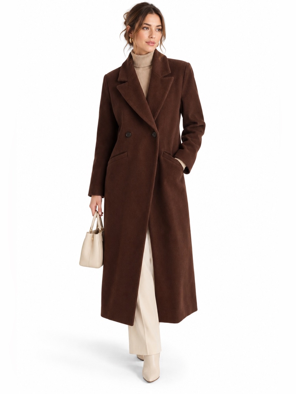 Classic Long Brown Women's Wool Blend Overcoat